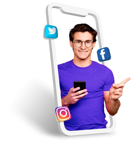 A man in a purple shirt holding a phone with social icons.