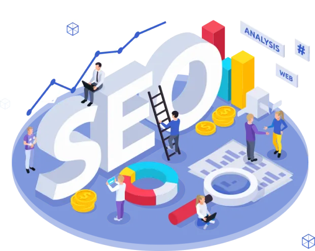 a group of people standing on top of a word SEO